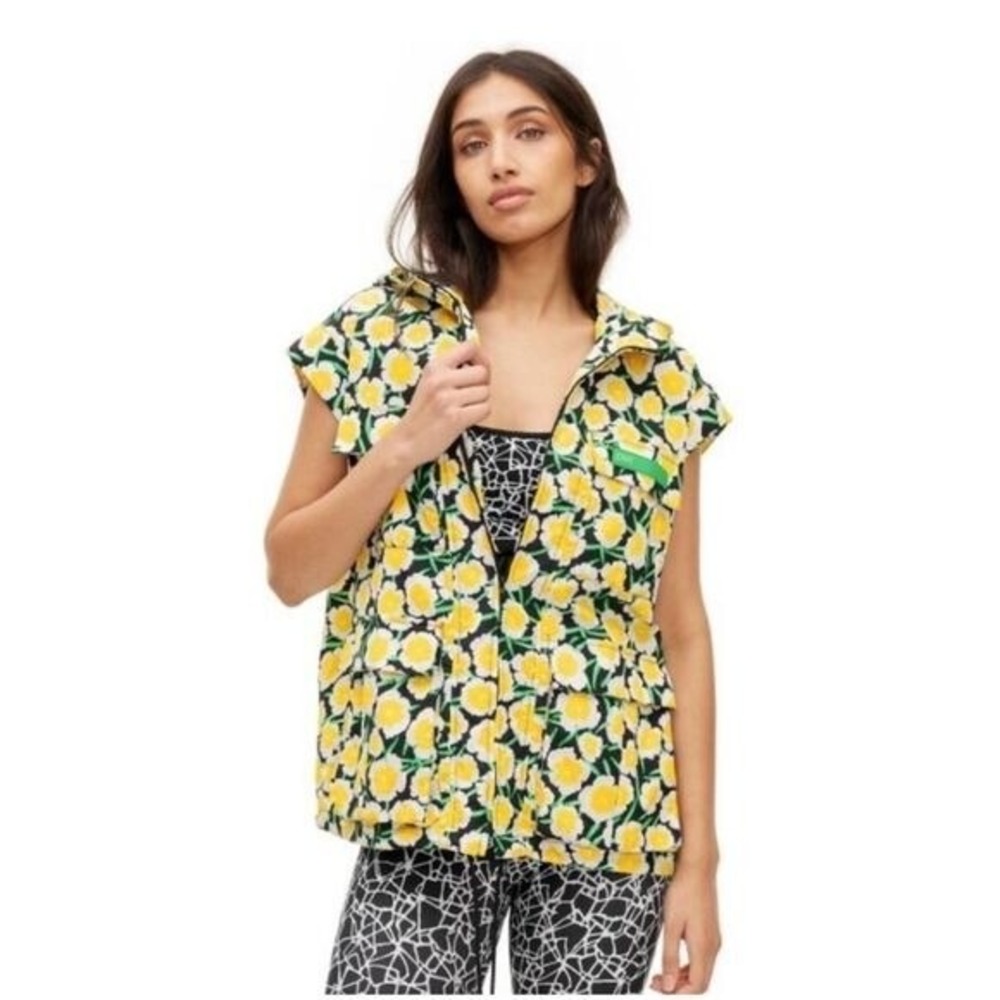 DVF Diane von Furstenberg Vest Womens XXL Yellow Floral Excellent Hooded Utility